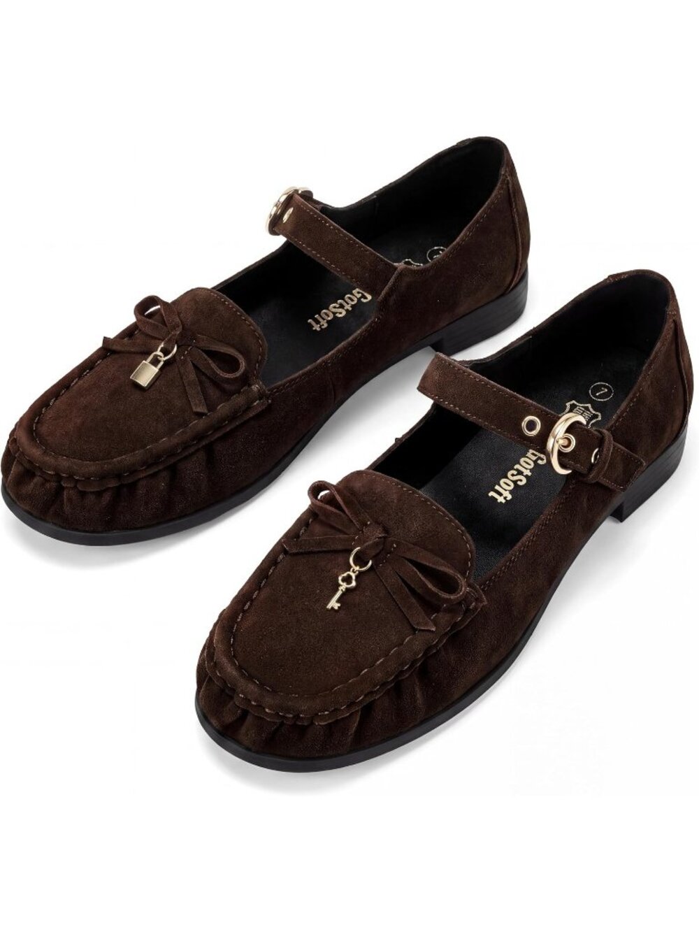 Women's Dark Brown Leather Loafers Bow Buckle Comfortable Classic Dress Shoes